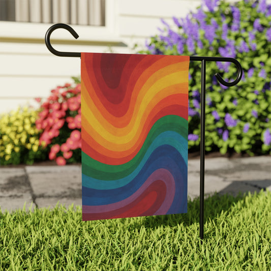 Colorful rainbow garden flag for outdoor decor, featuring vibrant rainbow design on a garden flag from Printify.