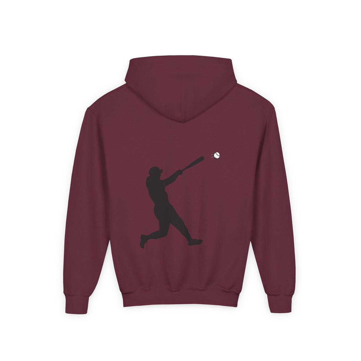 Youth baseball silhouette hoodie for kids, featuring a baseball player design, made by Printify, casual pullover for young sports fans.
