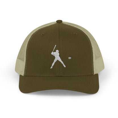 Vintage baseball snapback trucker cap with batter silhouette, featuring classic design and adjustable snap closure.