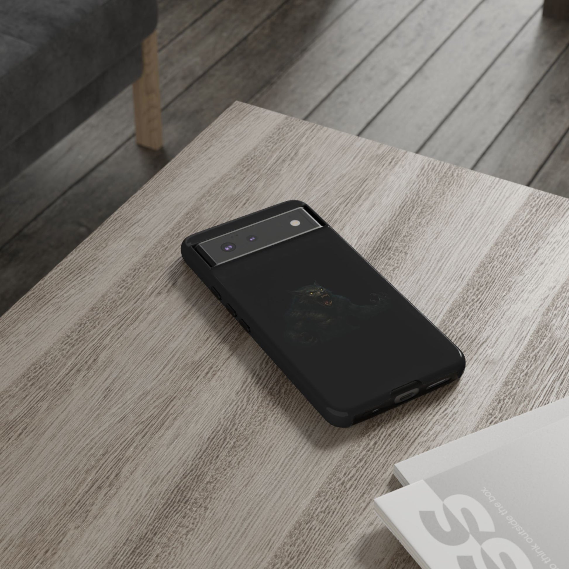 Werewolf phone case with dark monster graphic, tough protective design suitable for smartphones, by Printify.