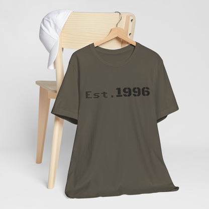 Vintage Est. 1996 T-shirt by Printify featuring a classic design, perfect as a birthday gift for someone born in 1996