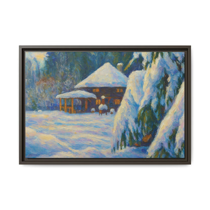Framed matte canvas wall art featuring a snowy cabin winter landscape, showcasing a cozy winter scene by Printify.