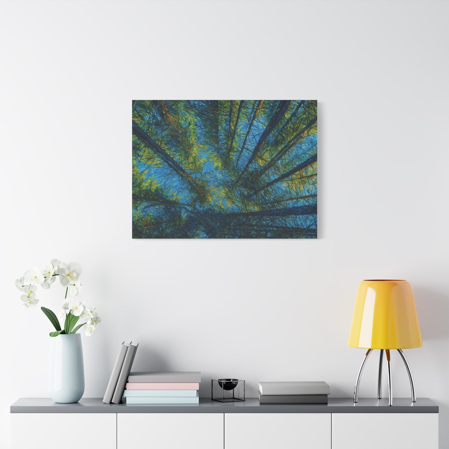 Forest Canopy Matte Canvas Wall Art — Upward View of Trees, Blue & Green Nature Print