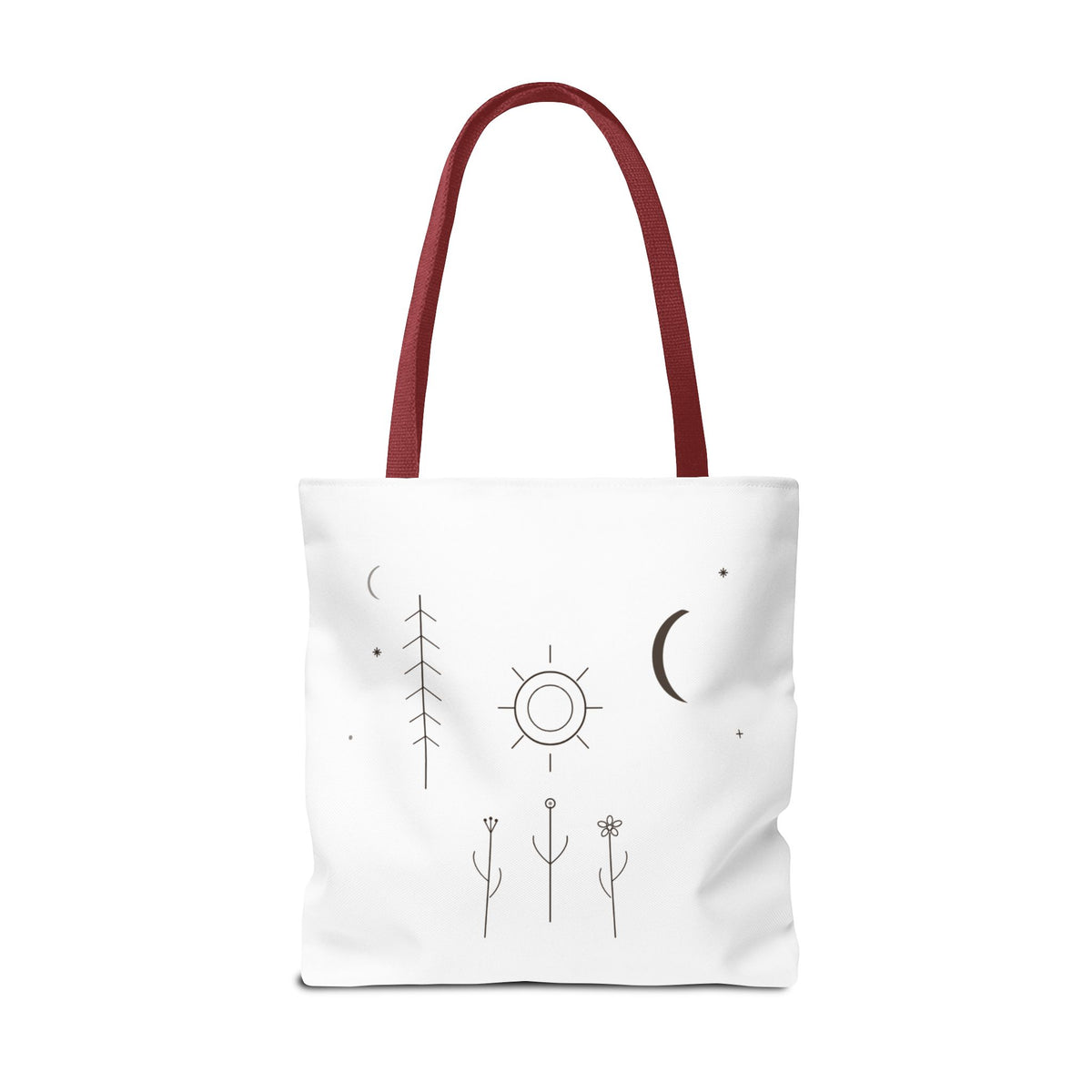 Minimal Moon and Sun botanical tote bag featuring celestial line art, eco-friendly canvas with natural handles.