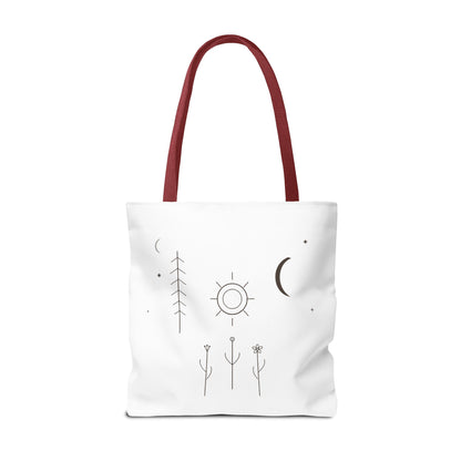 Minimal Moon and Sun botanical tote bag featuring celestial line art, eco-friendly canvas with natural handles.