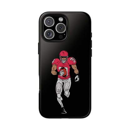 Black football player tough phone case for iPhone, featuring sports-themed design and durable protective material by Printify.