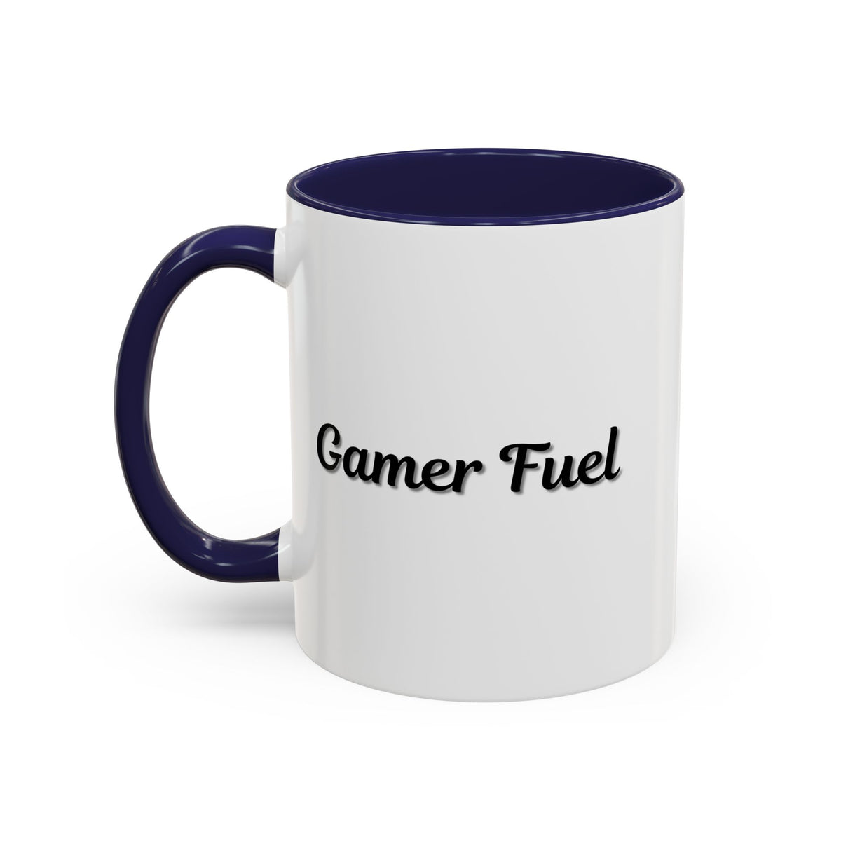 Printify Gamer Fuel coffee mug in black with white "Gamer Fuel" text, 11oz size, ceramic material, side view.