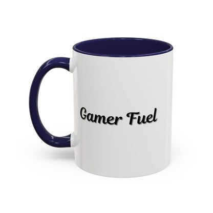 Printify Gamer Fuel coffee mug in black with white "Gamer Fuel" text, 11oz size, ceramic material, side view.