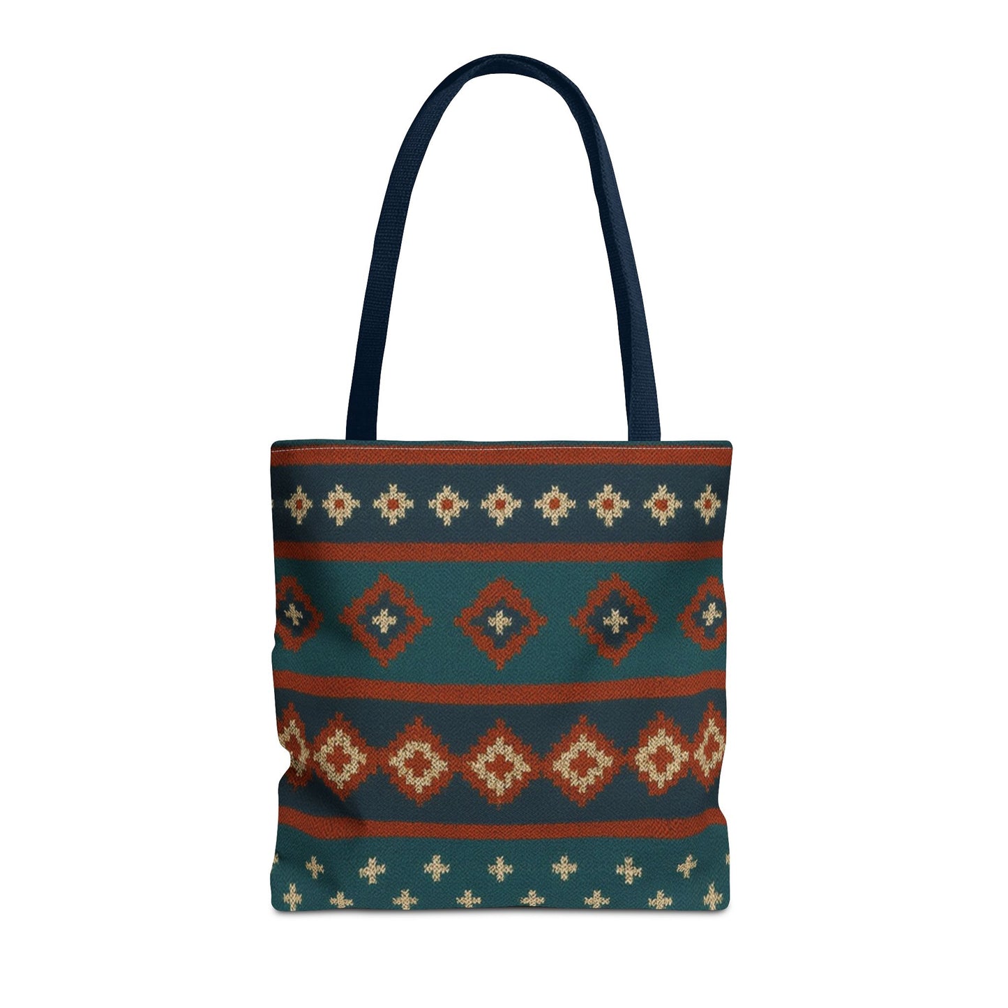 Southwestern diamond pattern tote bag with Aztec tribal geometric print, featuring canvas straps and bold colorful design.