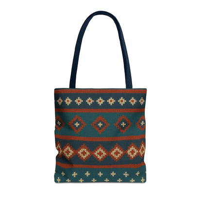Southwestern diamond pattern tote bag with Aztec tribal geometric print, featuring canvas straps and bold colorful design.