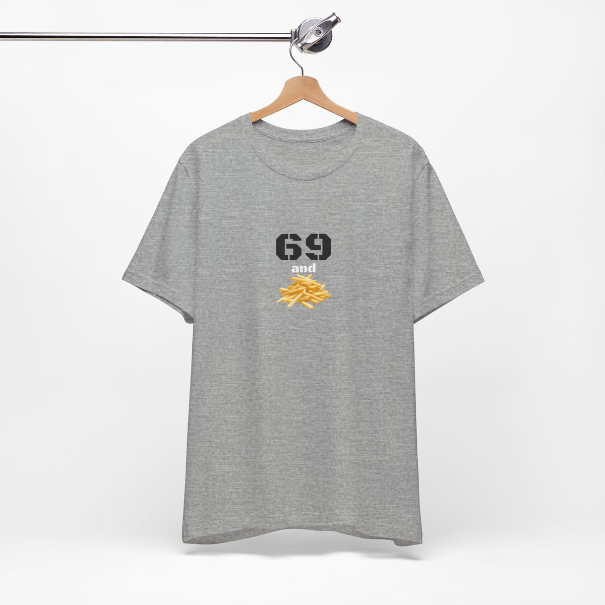 Quirky unisex Funny 69 and French fries graphic T-shirt by Printify with bold print on soft fabric.