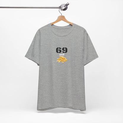 Quirky unisex Funny 69 and French fries graphic T-shirt by Printify with bold print on soft fabric.
