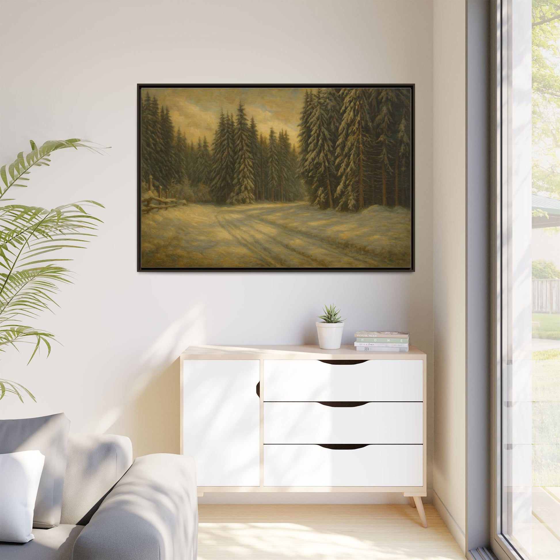 Framed matte canvas wall art featuring a winter forest landscape with trees and snow, by Printify.