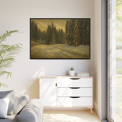 Framed matte canvas wall art featuring a winter forest landscape with trees and snow, by Printify.