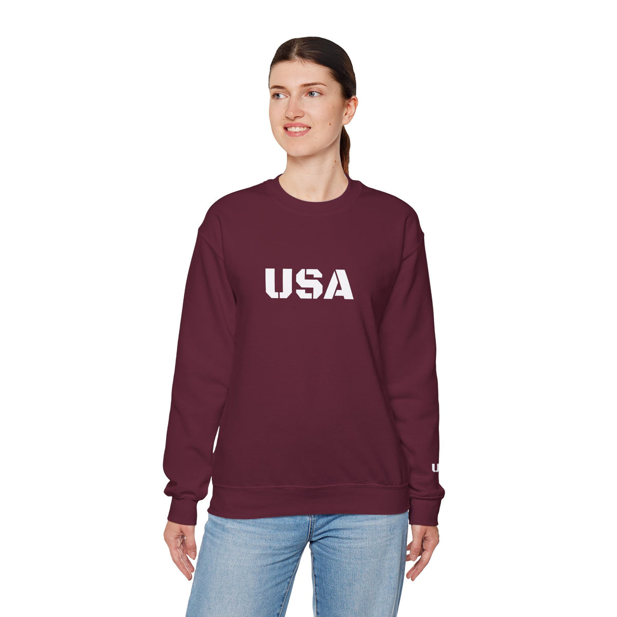 USA Printify crewneck sweatshirt featuring patriotic design, cozy fit, perfect for all seasons, casual and stylish men's or women's apparel.