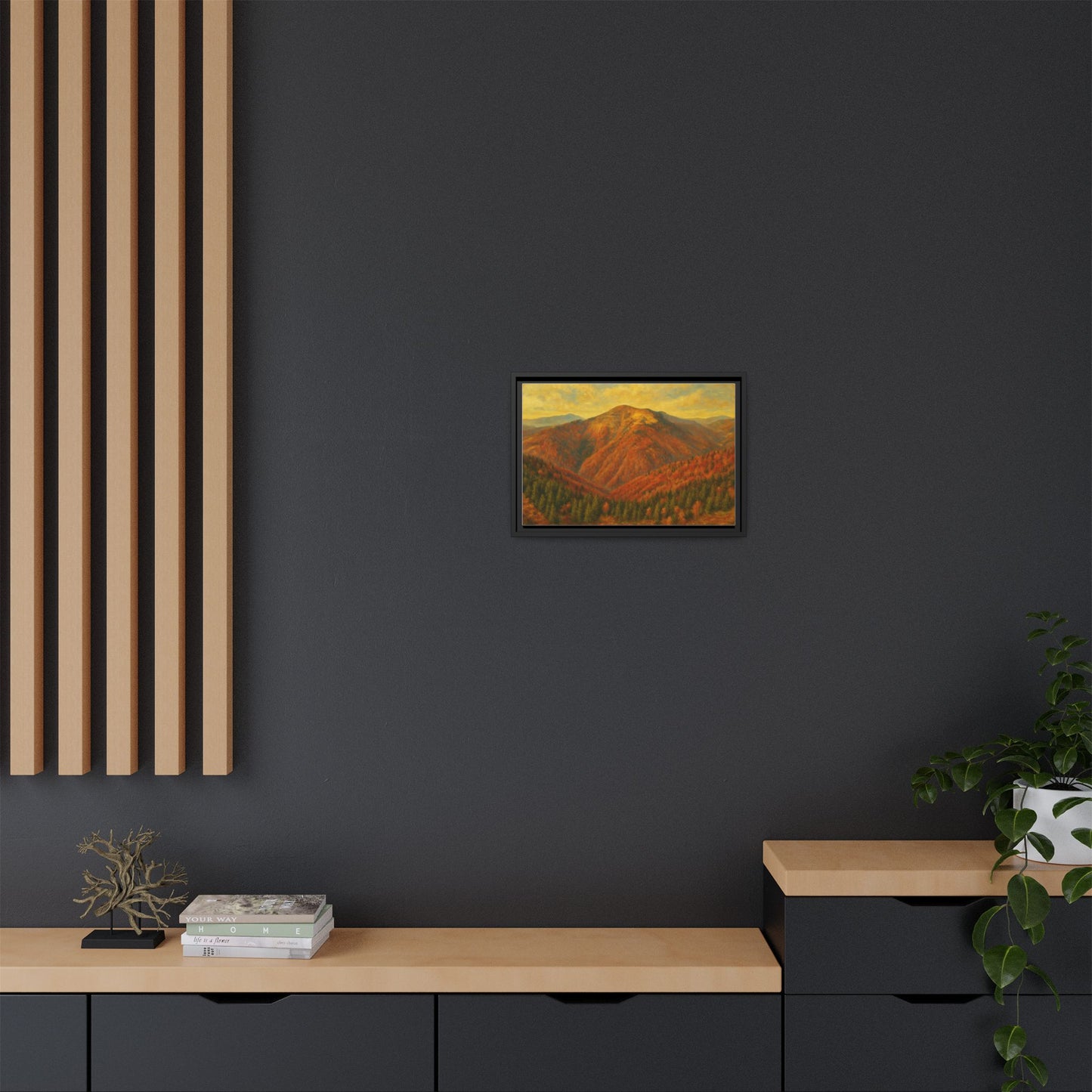 Autumn mountain matte canvas framed wall art by Printify featuring a scenic mountain landscape in warm autumn colors.
