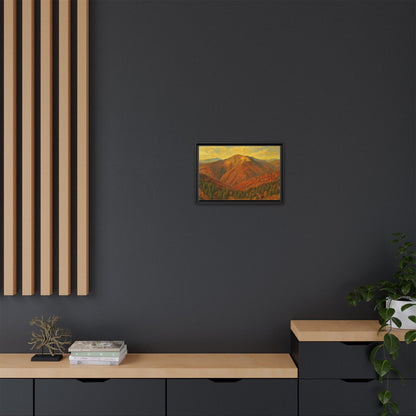 Autumn mountain matte canvas framed wall art by Printify featuring a scenic mountain landscape in warm autumn colors.