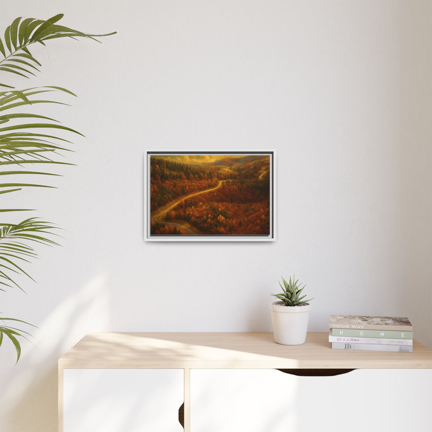 Framed matte canvas print of autumn forest road landscape wall art by Printify, featuring vibrant fall trees and scenic nature view