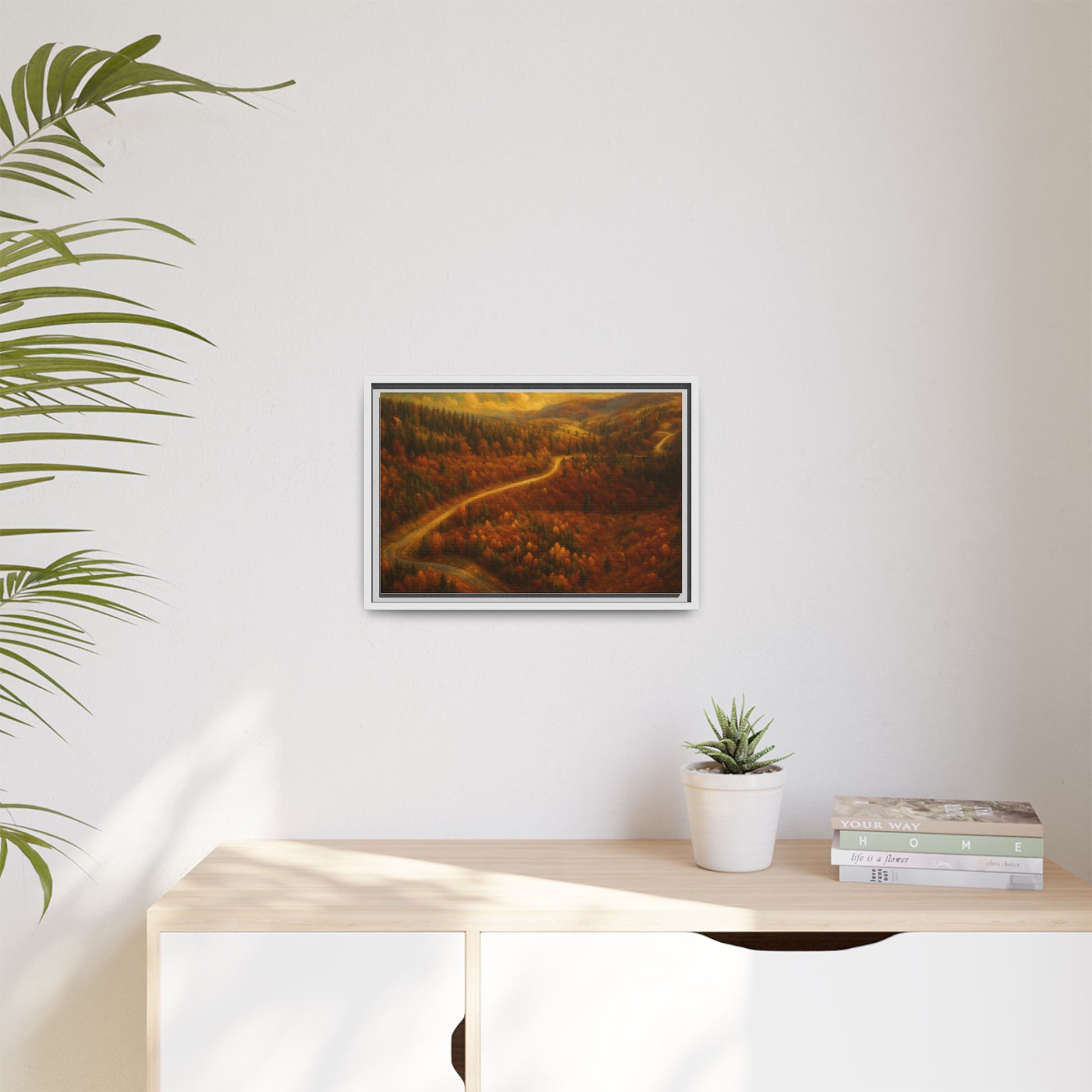 Framed matte canvas print of autumn forest road landscape wall art by Printify, featuring vibrant fall trees and scenic nature view