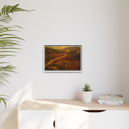 Framed matte canvas print of autumn forest road landscape wall art by Printify, featuring vibrant fall trees and scenic nature view