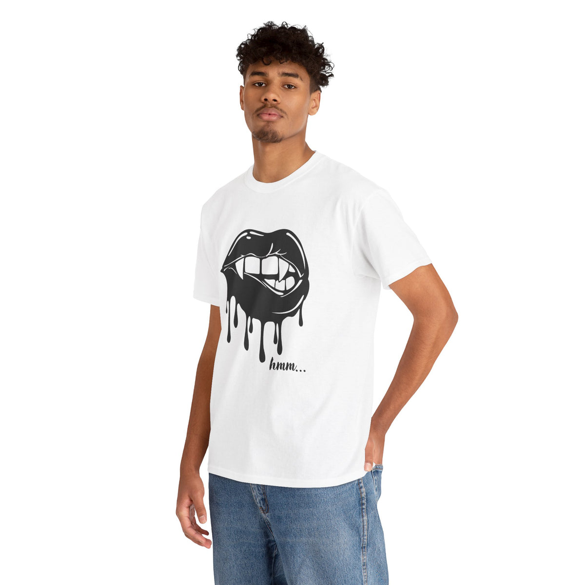 Graphic T-shirt by Printify featuring dripping lips design with "hmm..." bite artwork on a casual cotton t-shirt.