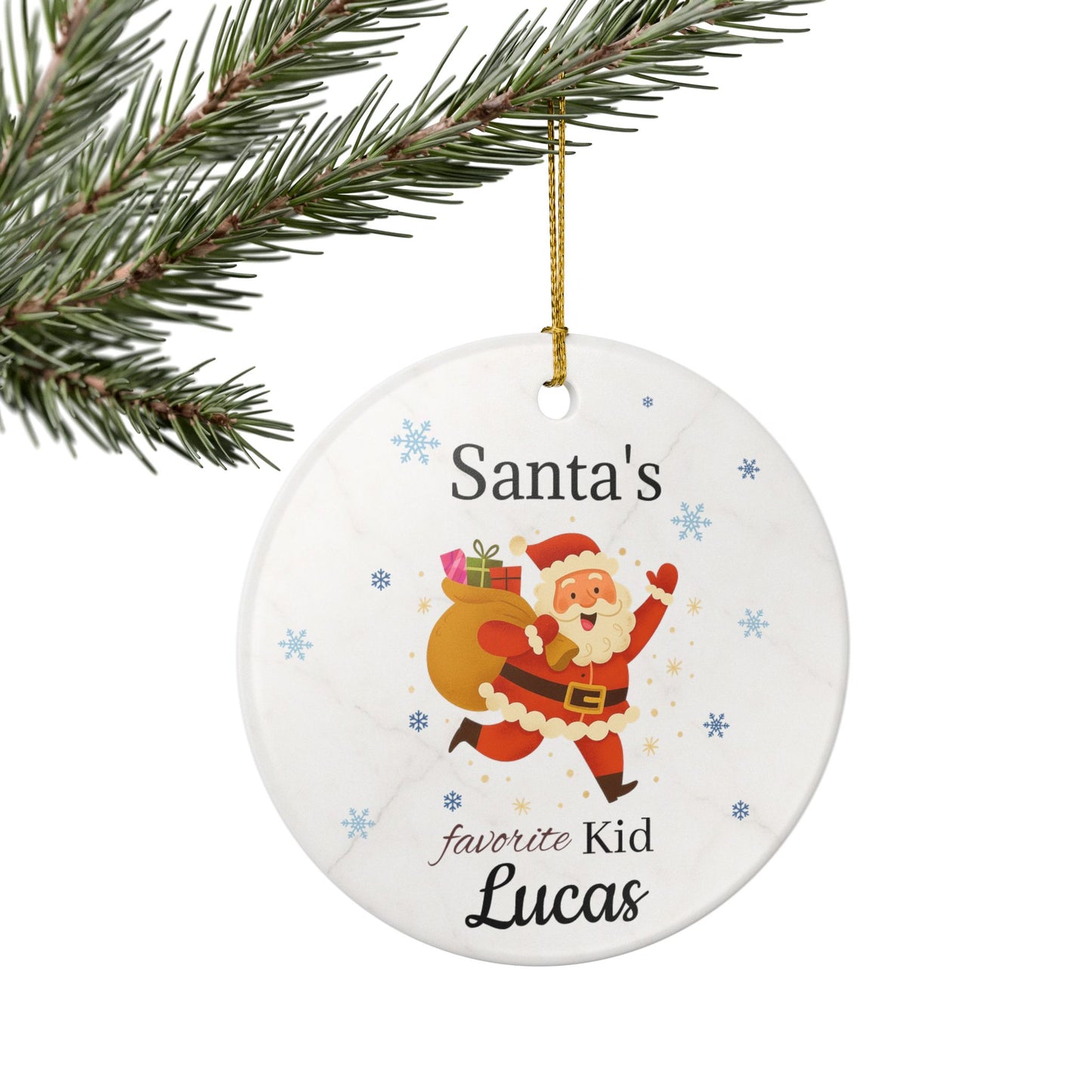 Personalized Santa's Favorite Kid ceramic ornament featuring the name Lucas, with festive holiday design for Christmas decorations.