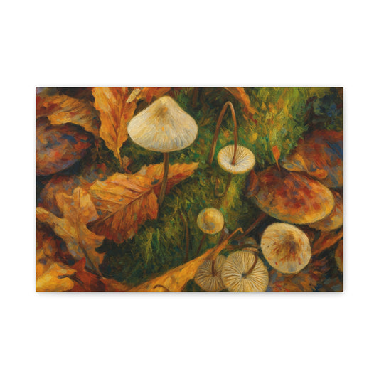 Autumn Mushrooms canvas print by Printify featuring colorful mushrooms and fall foliage on a textured canvas background.