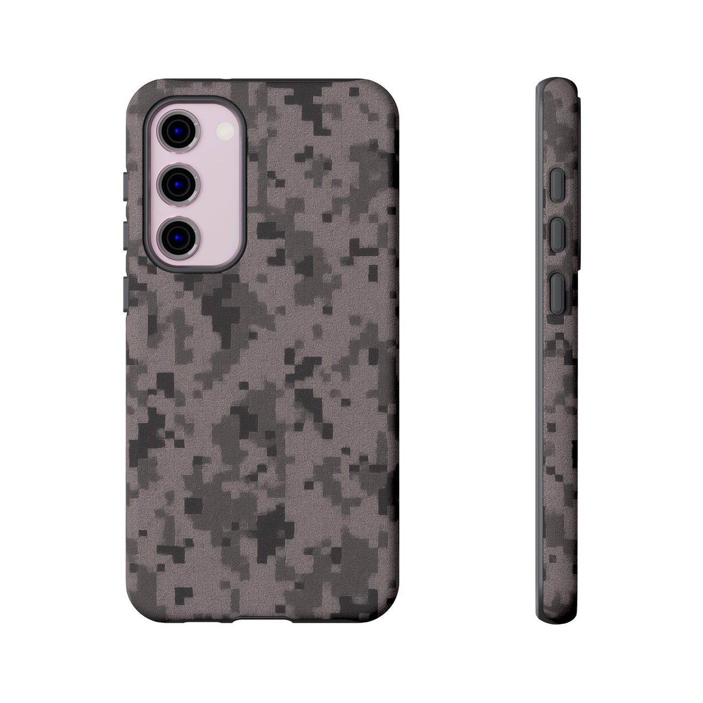 Gray digital camouflage phone case by Printify, rugged protective cover fitted for smartphones with a tough, military-inspired design.
