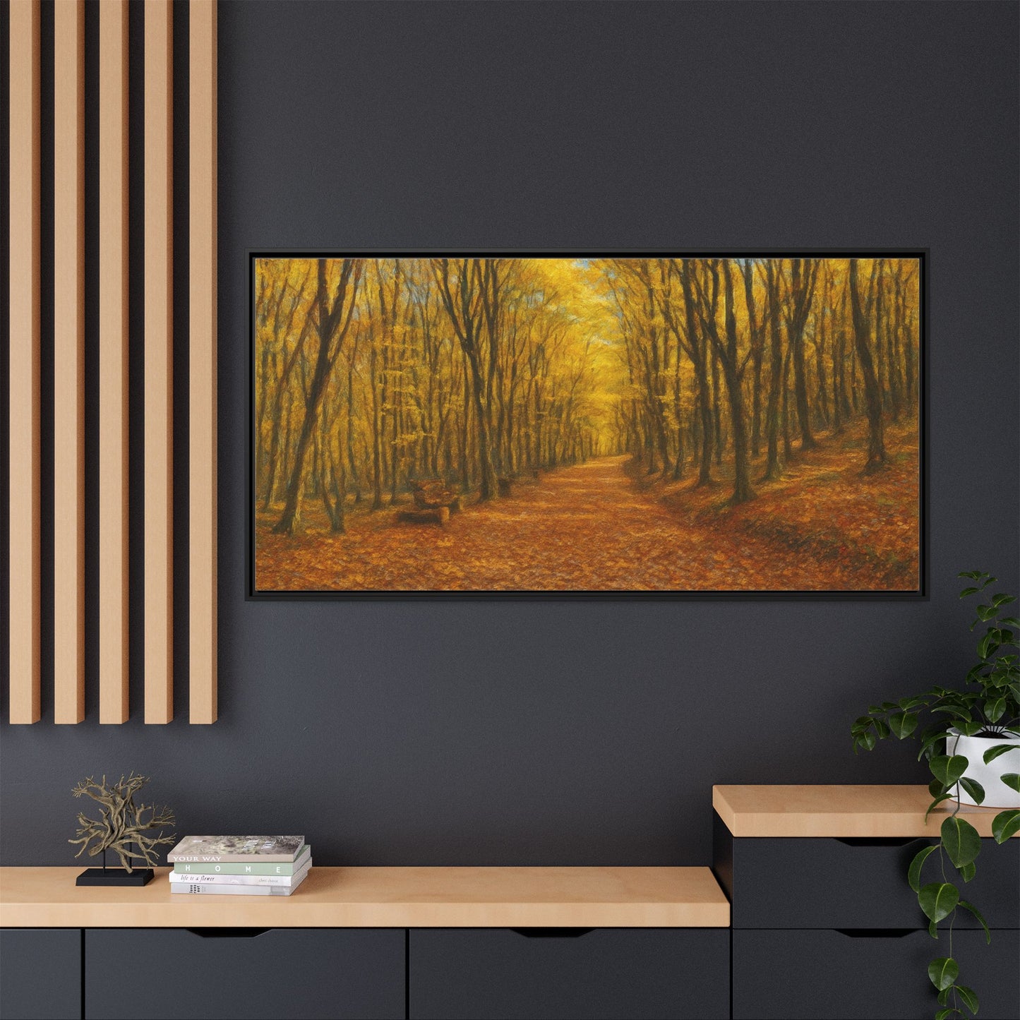 Autumn Forest Path matte canvas framed wall art by Printify showing a tranquil forest scene with colorful fall leaves.
