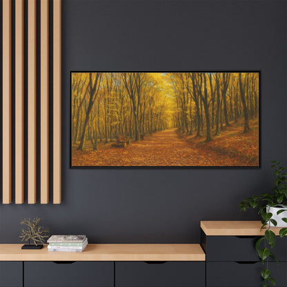 Autumn Forest Path matte canvas framed wall art by Printify showing a tranquil forest scene with colorful fall leaves.