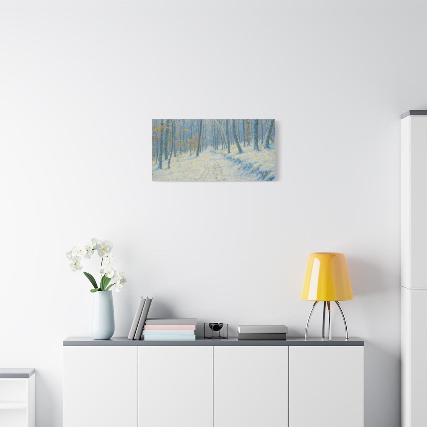 Winter woodland canvas print by Printify featuring a snowy forest scene, matte stretched wall art for winter decor.