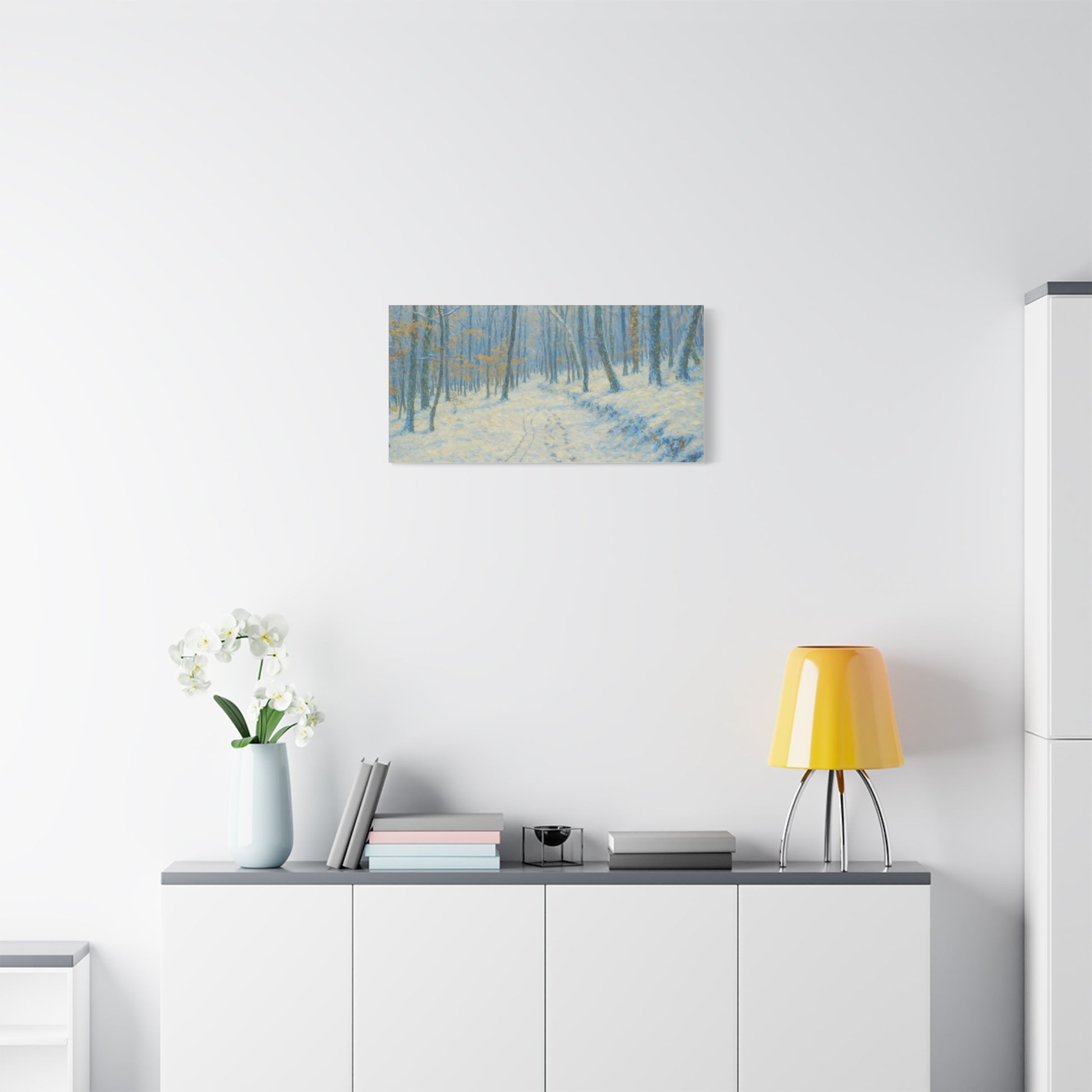 Winter woodland canvas print by Printify featuring a snowy forest scene, matte stretched wall art for winter decor.