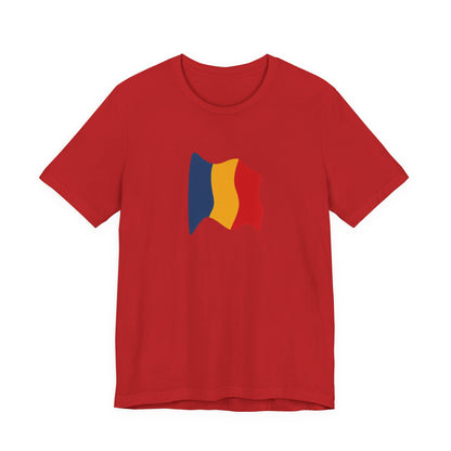 Romania flag T-shirt by Printify featuring a minimal waving tricolor design on a casual tee.