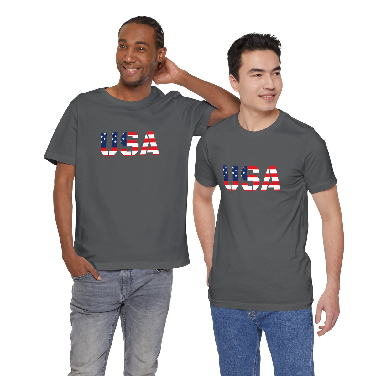 USA Flag Text T-shirt by Printify featuring patriotic red, white, and blue colors with a bold American flag design on the front.
