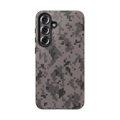 Gray digital camouflage phone case by Printify, showing a tough protective cover with gray camo pattern for smartphones.