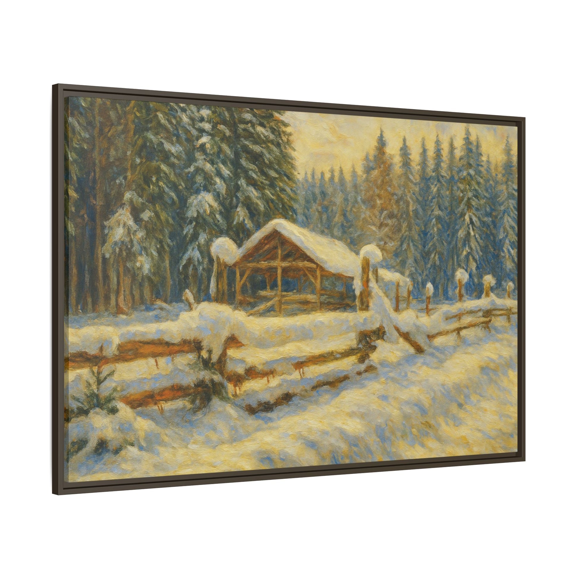 Snowy cabin winter landscape canvas framed wall art by Printify showcasing a cozy cabin scene in a snowy forest setting.