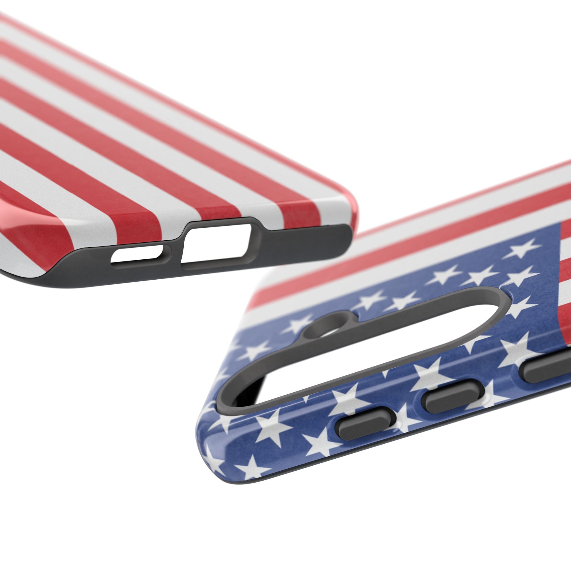 American flag tough phone case for iPhone and Samsung, patriotic protective cover with bold flag design by Printify.
