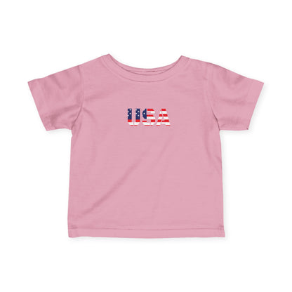 Baby infant tee featuring USA flag block print, stylish kids' shirt in soft fabric, by Printify.