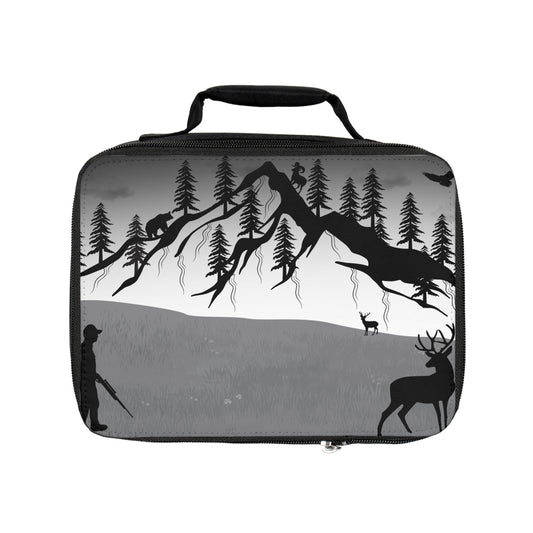 Hunting scene lunch bag with mountain, forest, and deer silhouette design, insulated cooler bag by Printify.