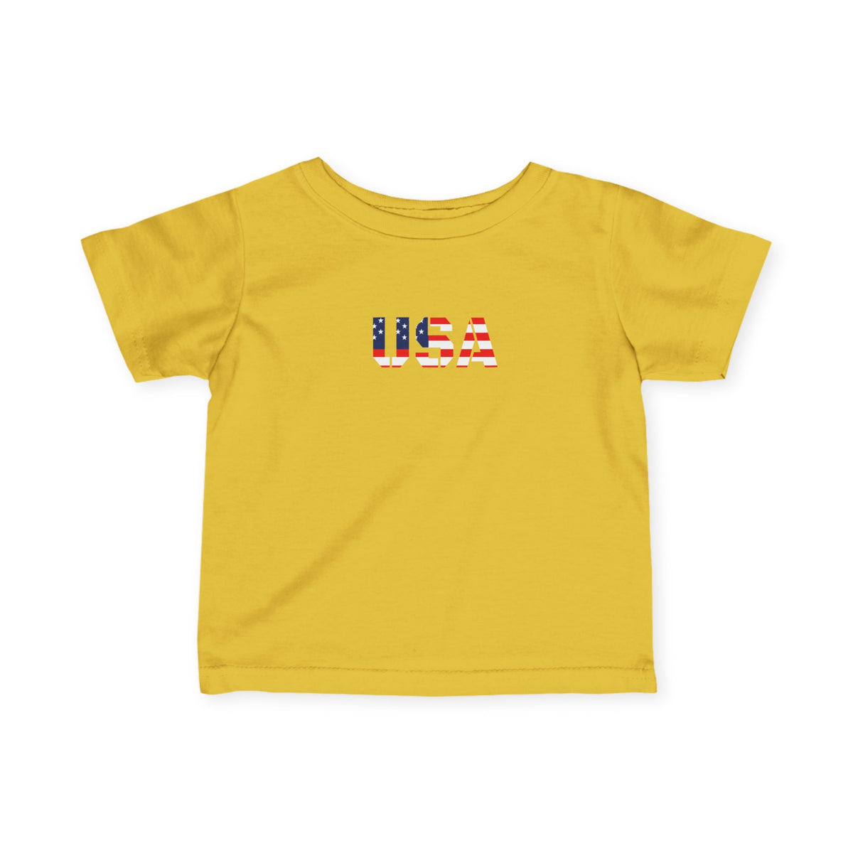 Baby boy wearing a USA flag block print infant tee, cute kids' clothes by Printify featuring patriotic design.