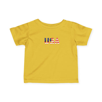 Baby boy wearing a USA flag block print infant tee, cute kids' clothes by Printify featuring patriotic design.
