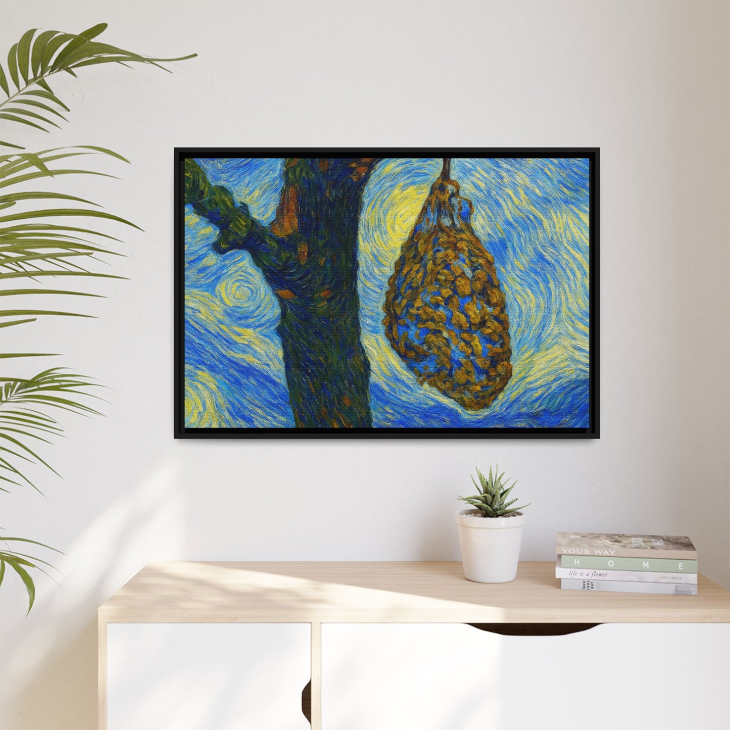 Framed matte canvas art of a starry nut cluster with dried plum colors, by Printify, showcasing detailed botanical artwork.
