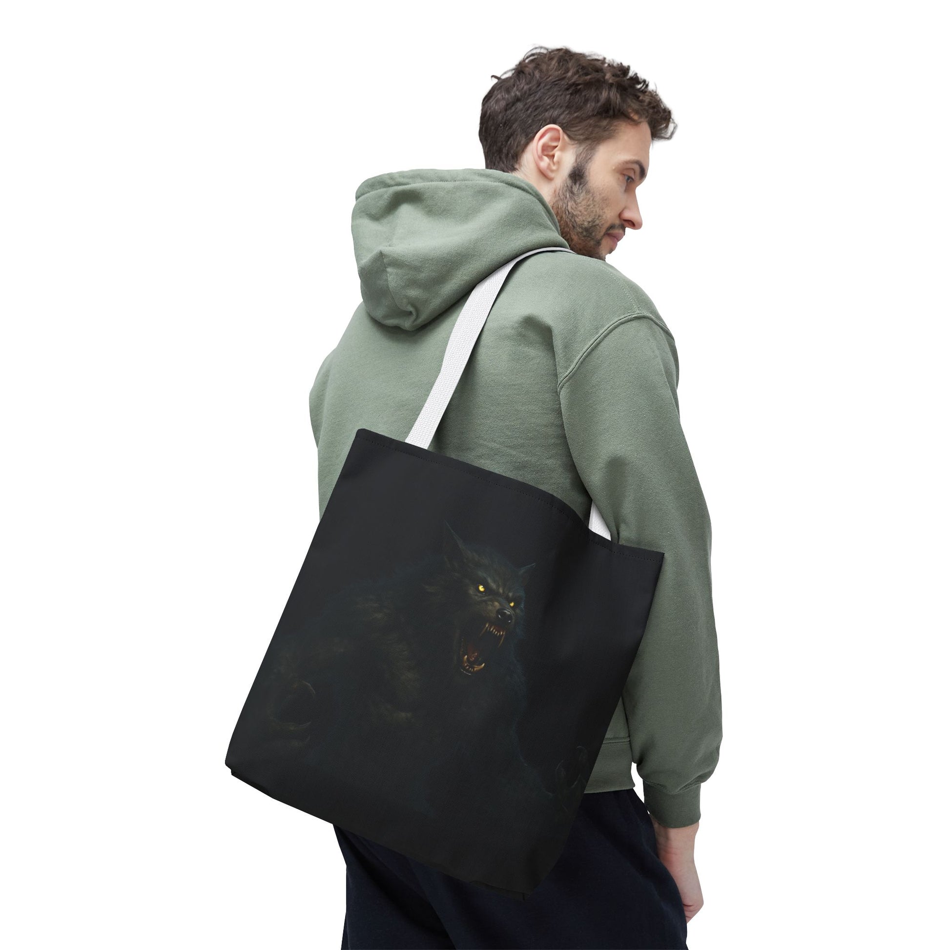 Werewolf tote bag featuring dark Halloween art, perfect for horror fans, made by Printify with a stylish, spacious design.