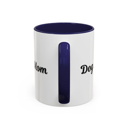 Dog Mom Accent Coffee Mug — white ceramic coffee mug with retro script "Dog Mom" print, colored interior and C-handle, 11oz/15oz, additional angle