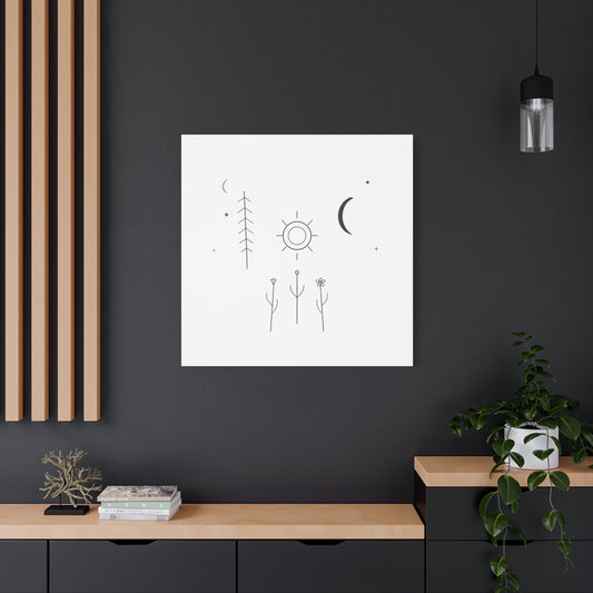 Minimal Sun Moon botanical canvas wall art by Printify featuring a matte finish with sun and moon botanical designs.