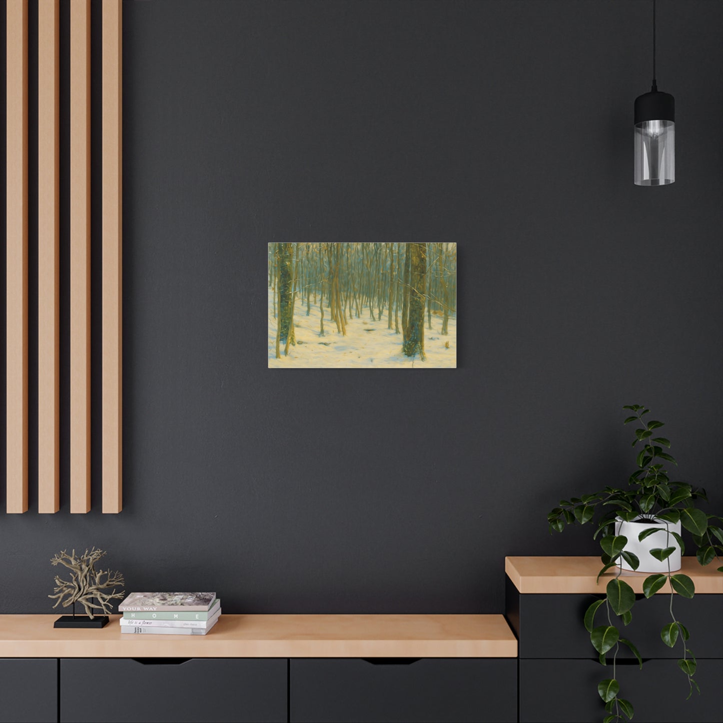 Snowy winter forest canvas print by Printify, featuring a matte stretched canvas with a snowy woodland scene.
