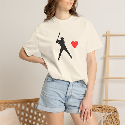 White baseball batter heart T-shirt by Printify featuring a graphic of a batter swinging a bat on the front.