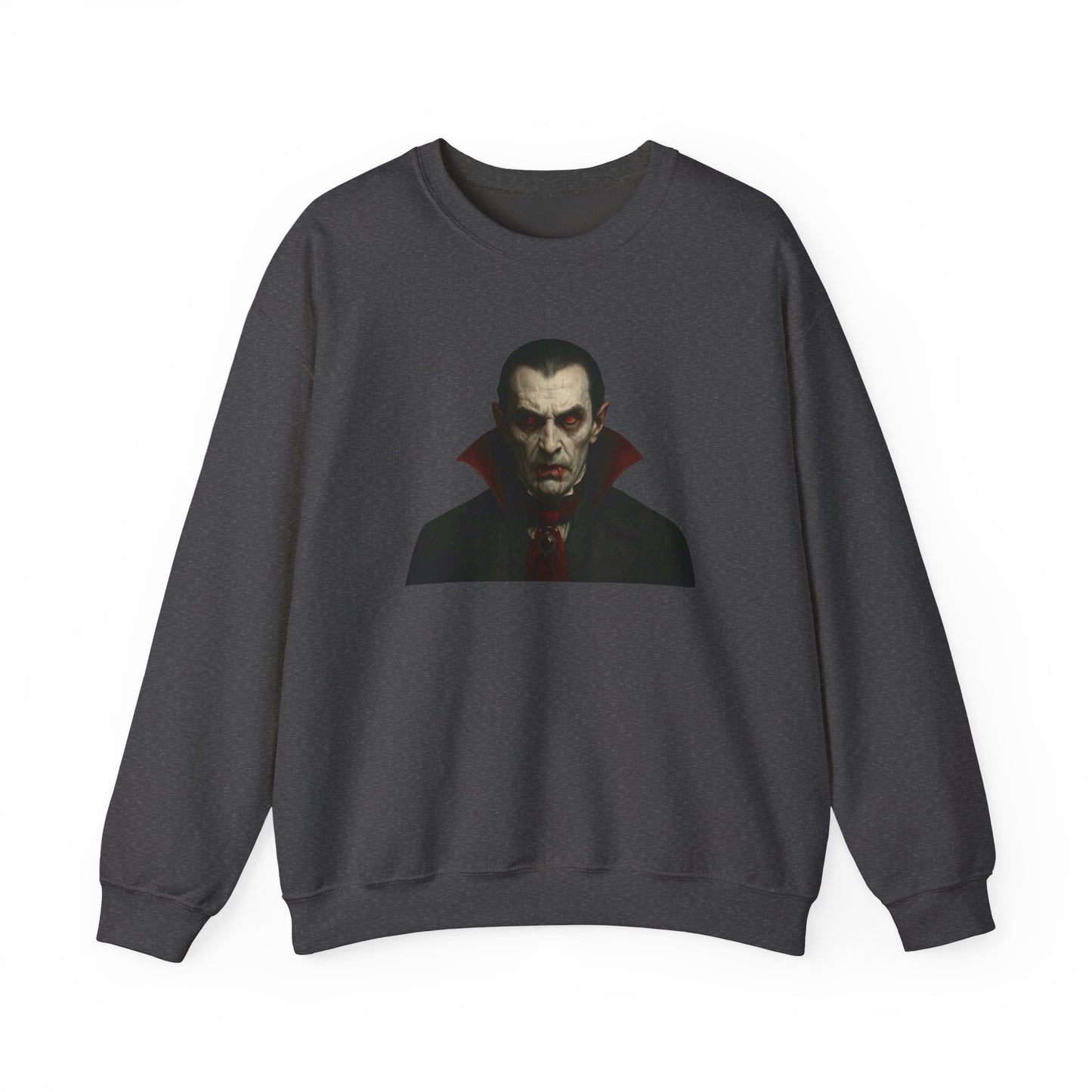 Black vampire portrait crewneck sweatshirt by Printify featuring a detailed vampire graphic on the front.