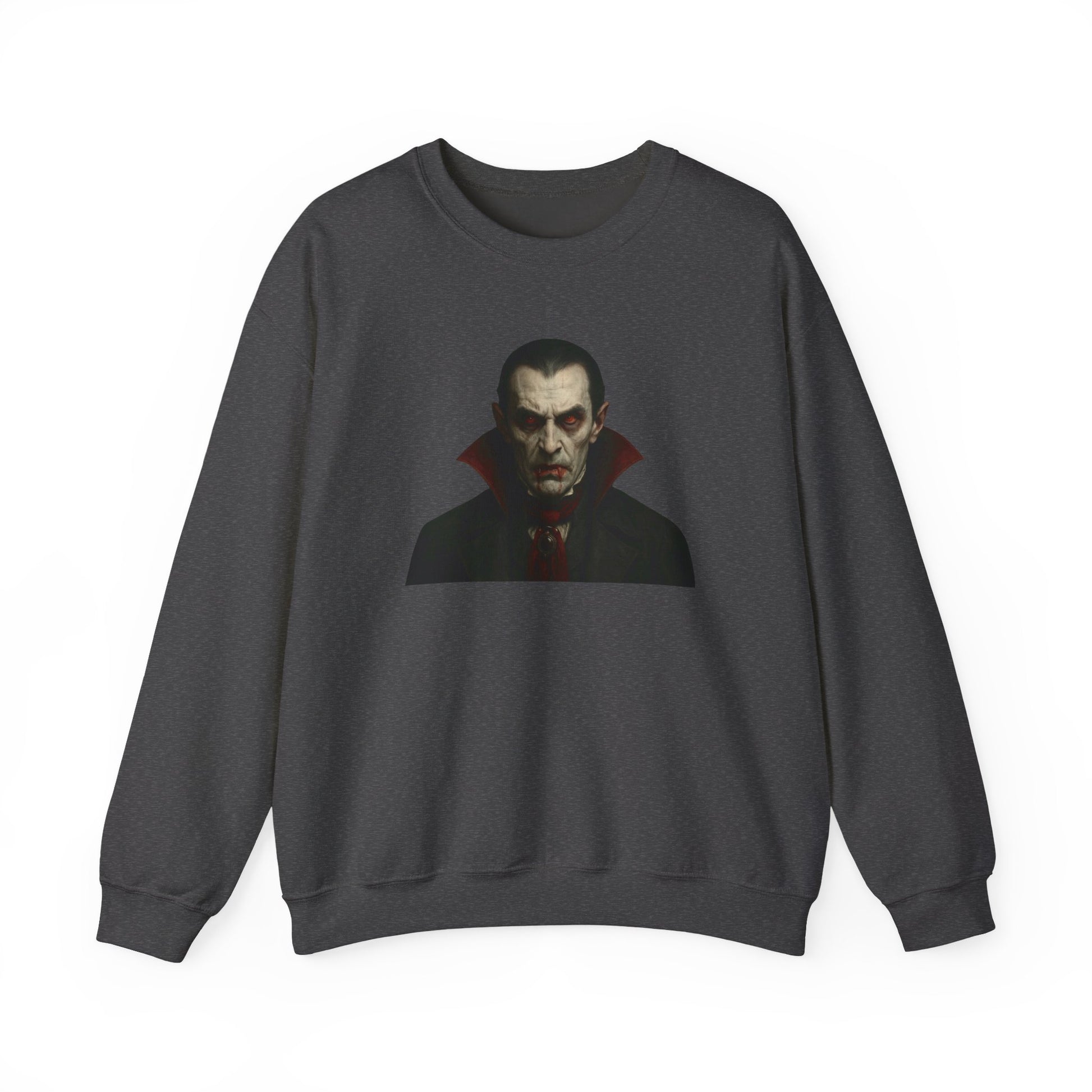 Black vampire portrait crewneck sweatshirt by Printify featuring a detailed vampire graphic on the front.