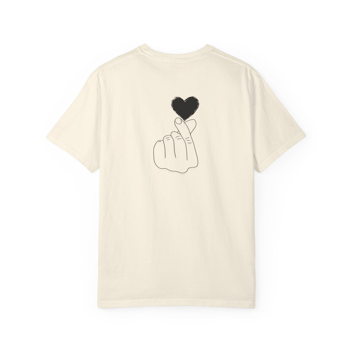 Black T-shirt with a minimal white finger heart graphic, featuring a simple heart design on the front.